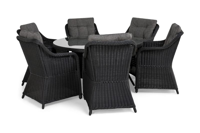 Marcus Matgrupp 140 Rund + 6 Fåtöljer m Dyna - Svart - Utemöbler - Utegrupp - Matgrupper utomhus