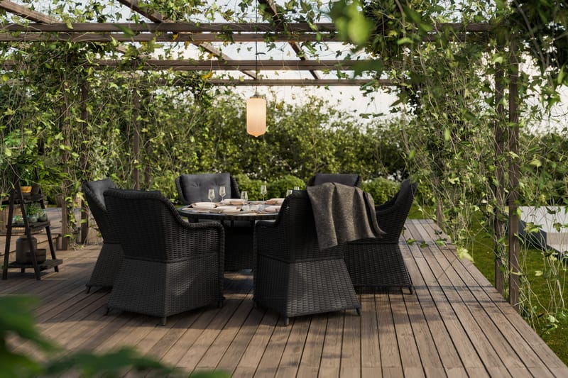 Marcus Matgrupp 140 Rund + 6 Fåtöljer m Dyna - Svart - Utemöbler - Utegrupp - Matgrupper utomhus