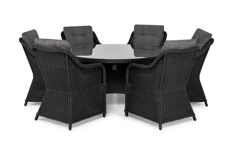 Marcus Matgrupp 140 Rund + 6 Fåtöljer m Dyna, Svart