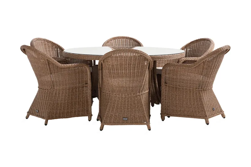 Marcus Matgrupp 140 Rund + 6 Light Fåtöljer m Dyna - Natur - Utemöbler - Utegrupp - Matgrupper utomhus