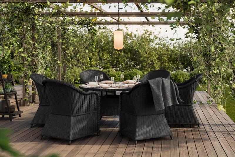 Marcus Matgrupp 140 Rund + 6 Light Fåtöljer m Dyna - Svart - Utemöbler - Utegrupp - Matgrupper utomhus