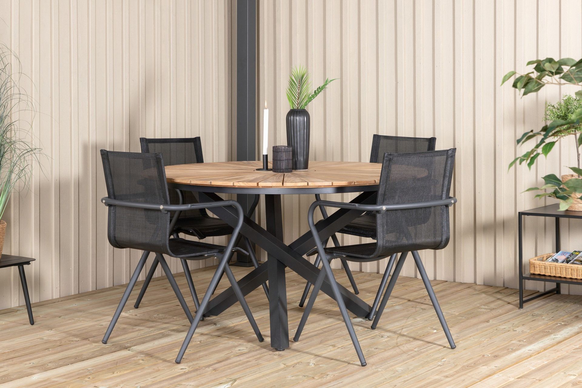 mexico matgrupp utomhus rund ø140cm + 4 alina matstolar - brun/vit