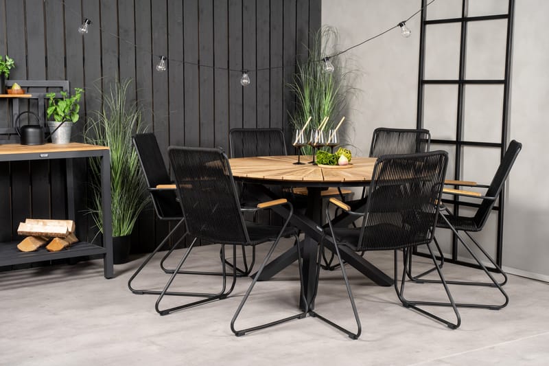 Mexico Matgrupp Utomhus Rund Ø140cm + 6 Bois Karmstolar - Svart/Natur - Utemöbler - Utegrupp - Matgrupper utomhus