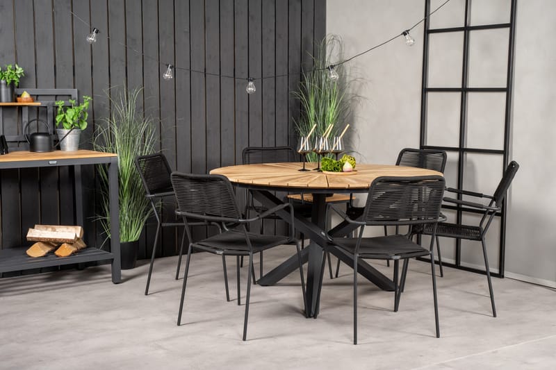 Mexico Matgrupp Utomhus Rund Ø140cm + 6 Lindos Karmstolar - Svart - Utemöbler - Utegrupp - Matgrupper utomhus