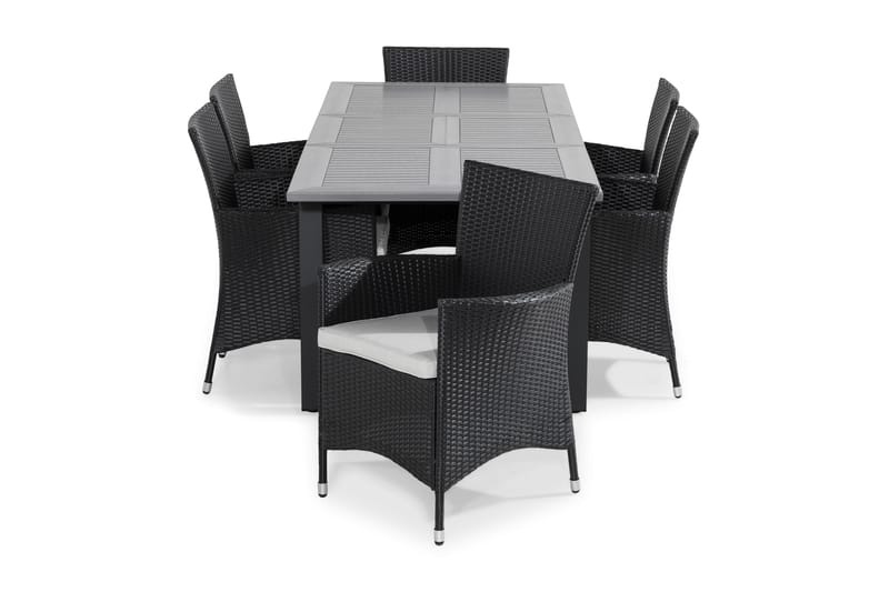 MONACO Bord 152-210x90 Grå + 6 THOR Fåtölj Svart Dyna Grå - Grå/Svart - Utemöbler - Utegrupp - Matgrupper utomhus