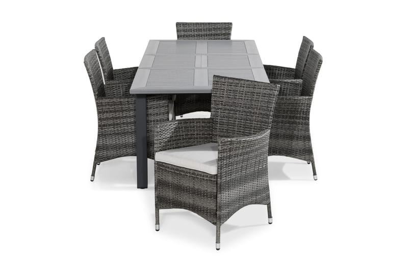 MONACO Bord 152-210x90 Grå + 6 THOR Fåtölj Svart Dyna Grå - Grå/Svart - Utemöbler - Utegrupp - Matgrupper utomhus