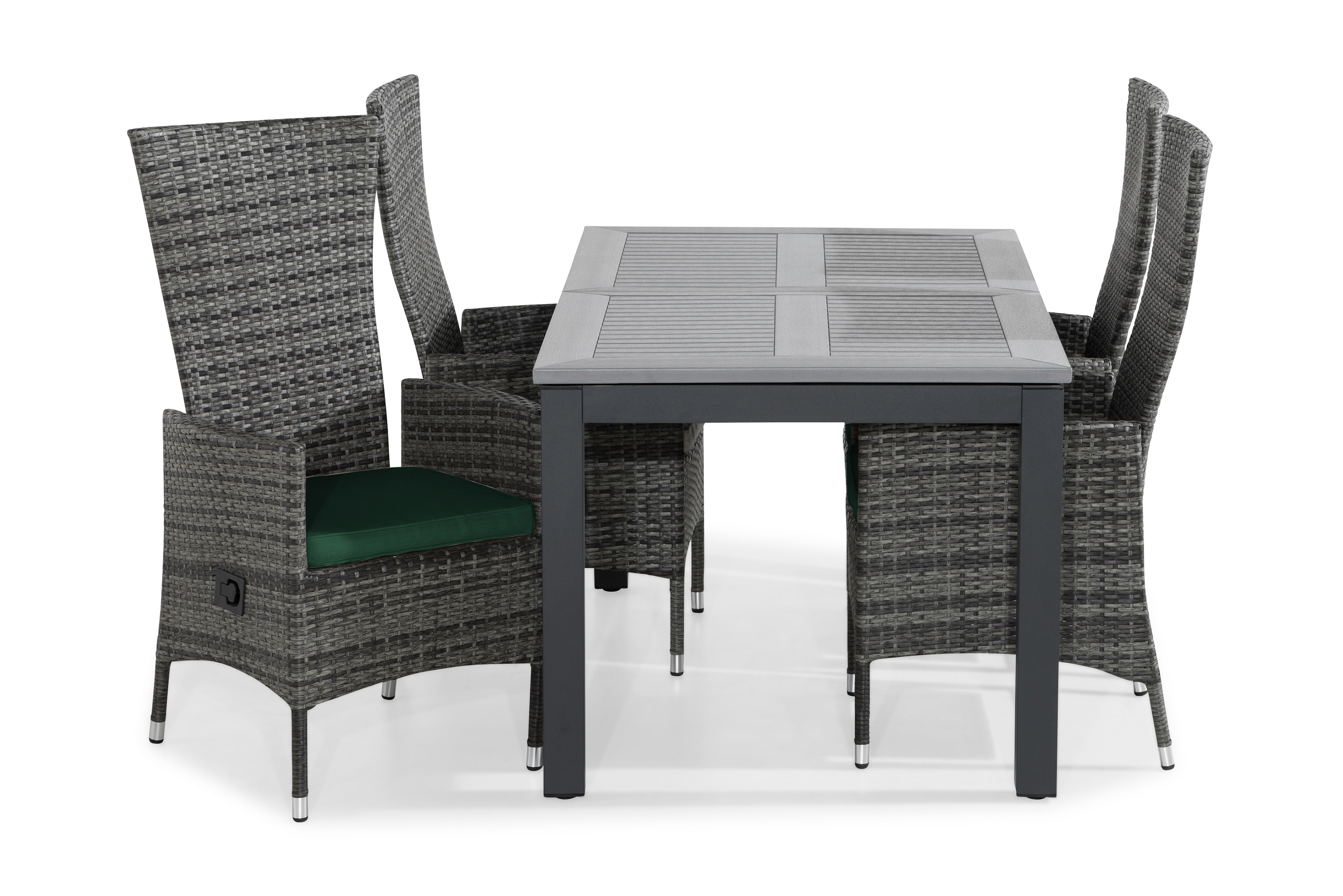 monaco bord 152-210x90 svart + 4 jenny fåtölj grå dyna grön -