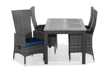 MONACO Bord 152-210x90 Svart + 4 JENNY Fåtölj Grå m Dyna Blå