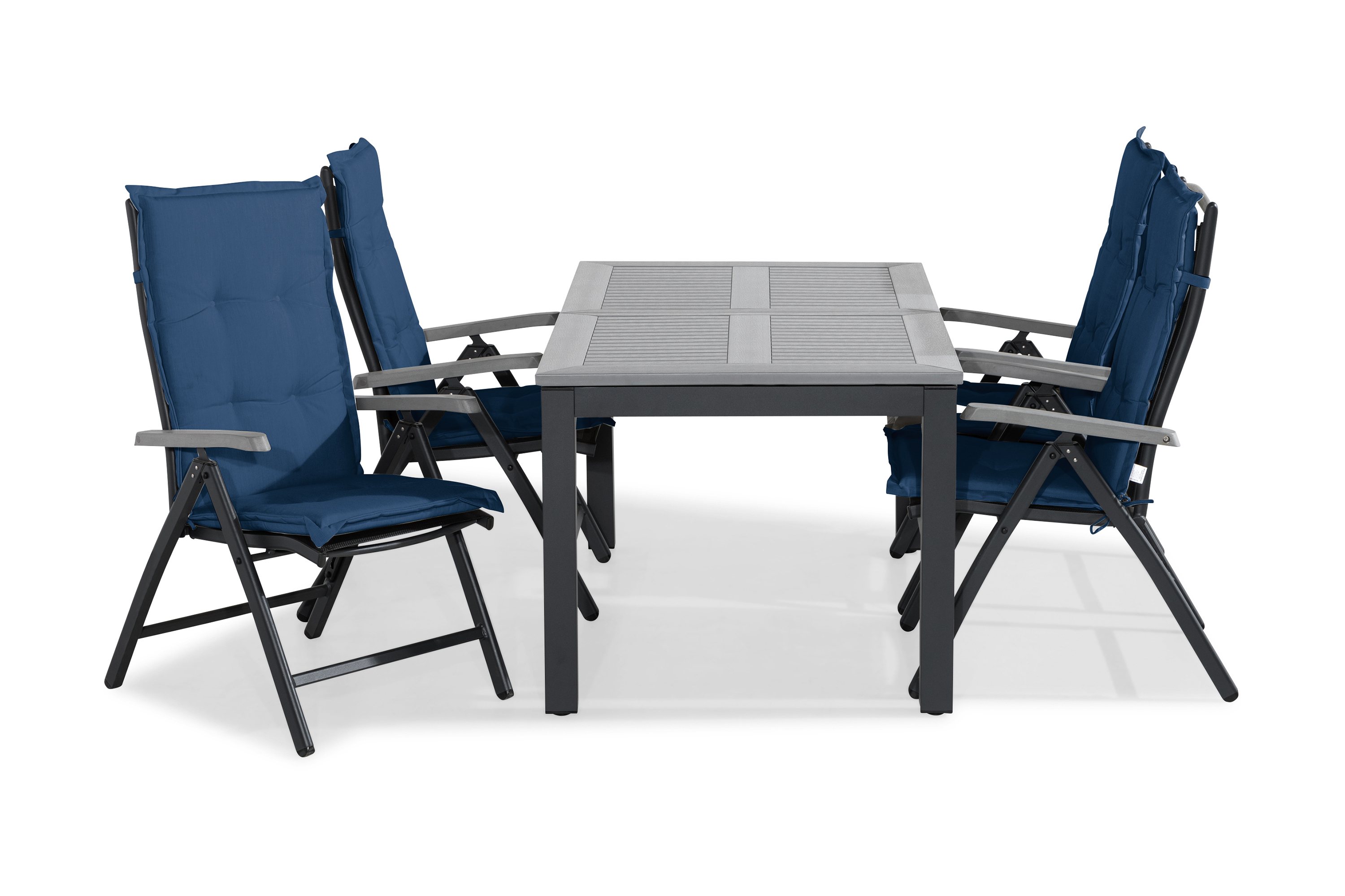 monaco bord 152-210x90 svart + 4 monaco stol grå m dyna blå -
