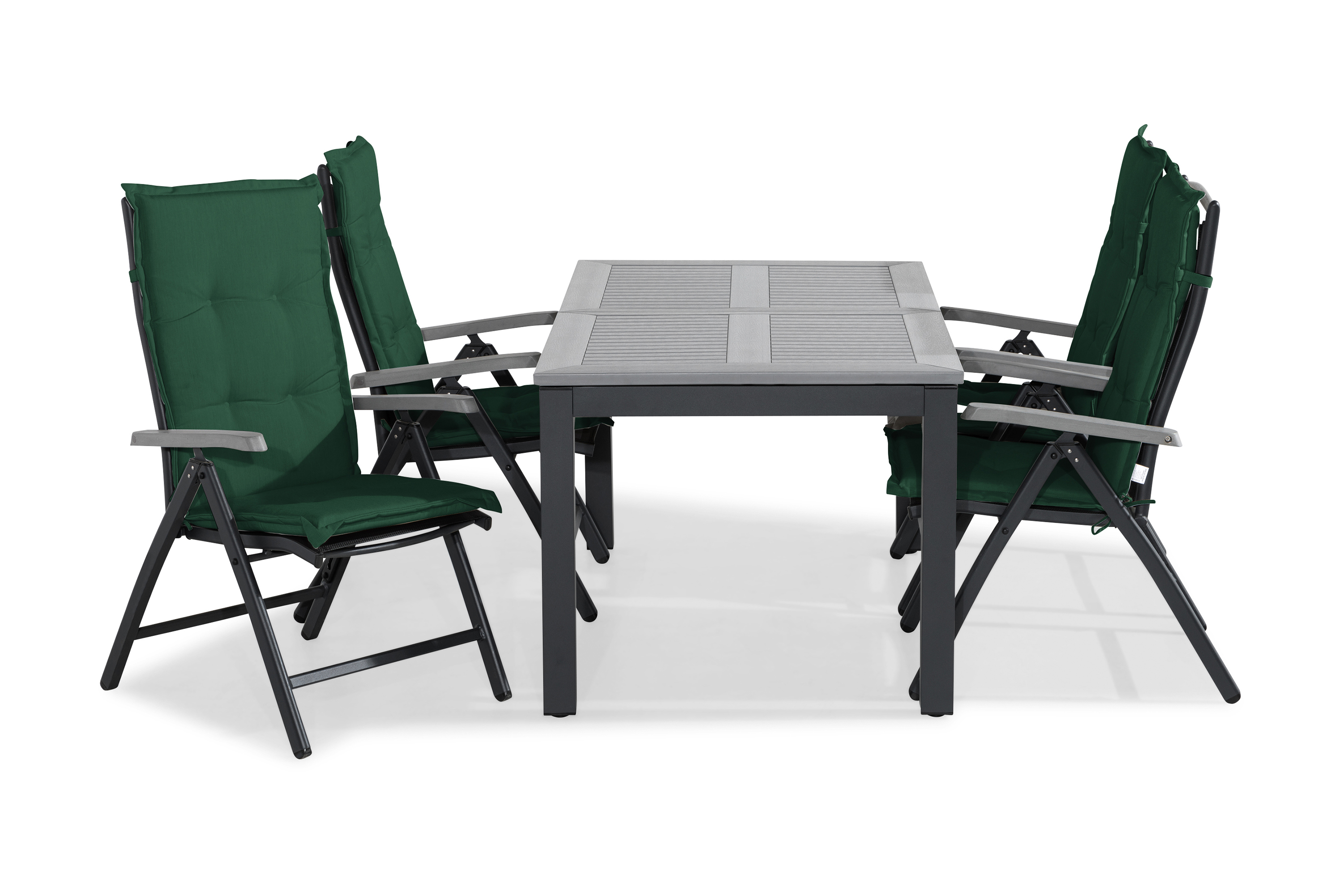 monaco bord 152-210x90 svart + 4 monaco stol grå m dyna grön -