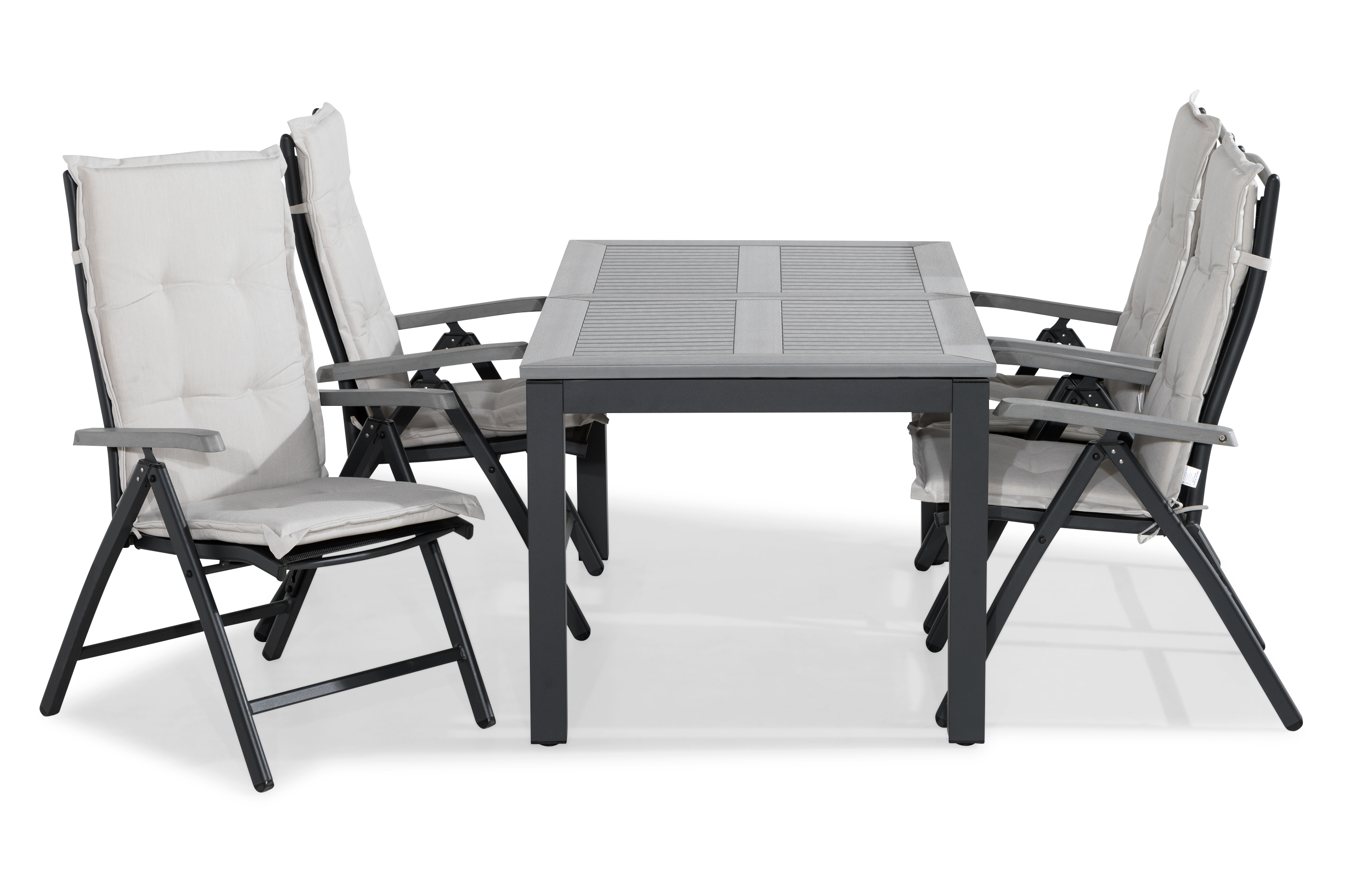 monaco bord 152-210x90 svart + 4 monaco stol grå m dyna vit -