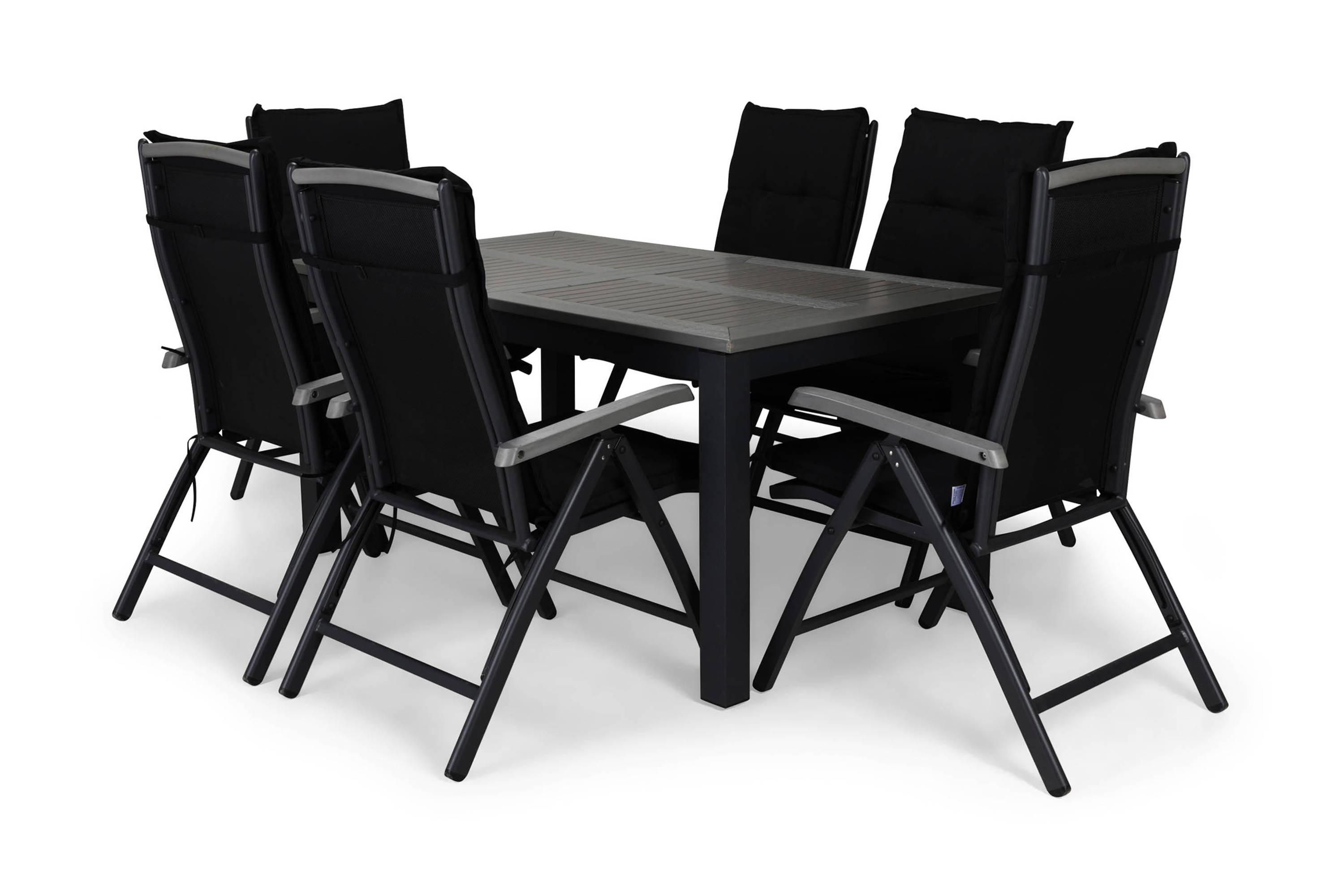 monaco bord 152-210x90 svart + 6 monaco stol grå dyna svart -