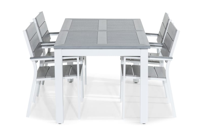 MONACO Bord 152-210x90 Vit+4 TUNIS Stapelstol Vit/Grå - Utemöbler - Utegrupp - Matgrupper utomhus