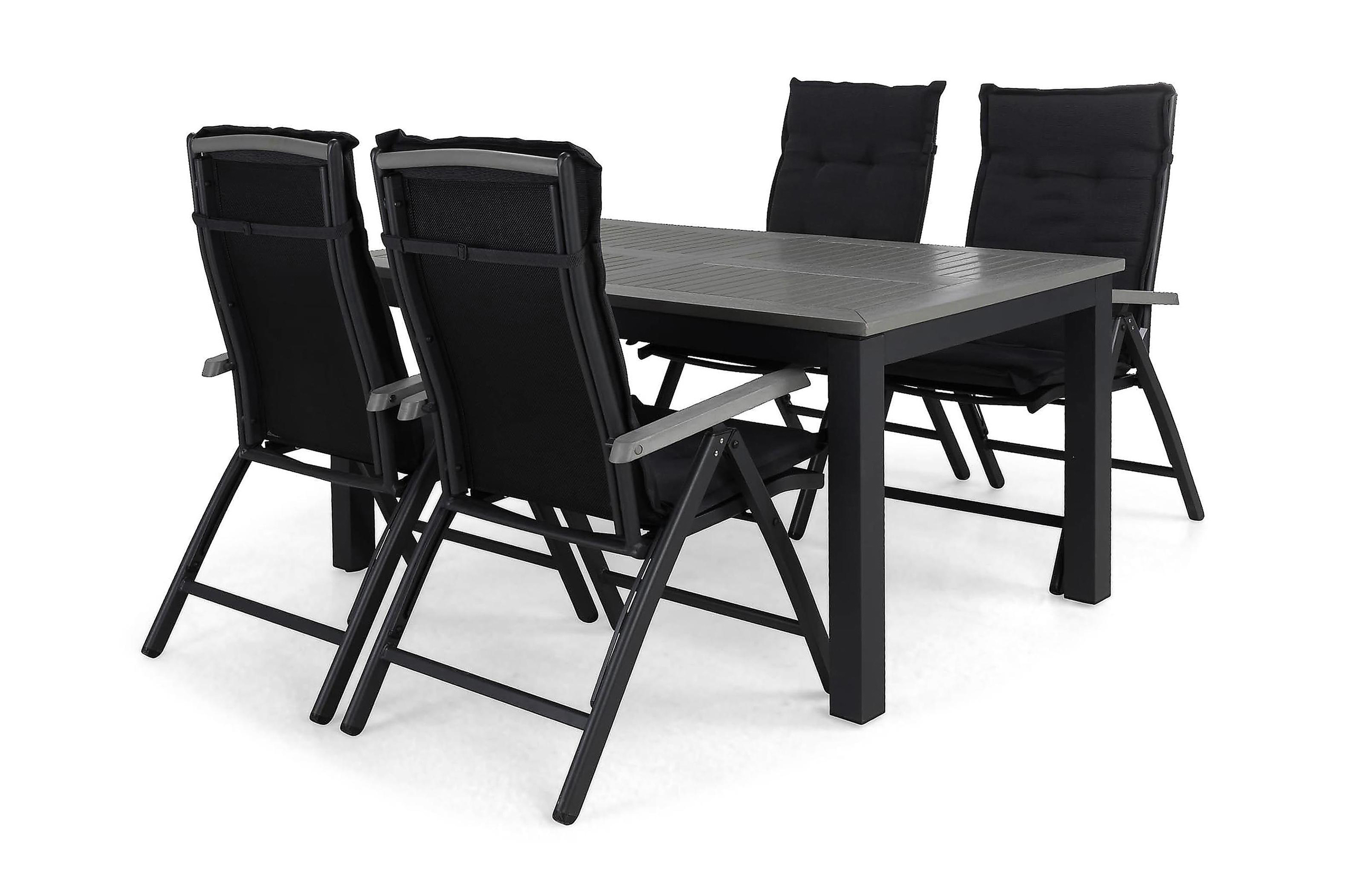 monaco bord 152 + 4 positionsstolar svart + dyna grå -