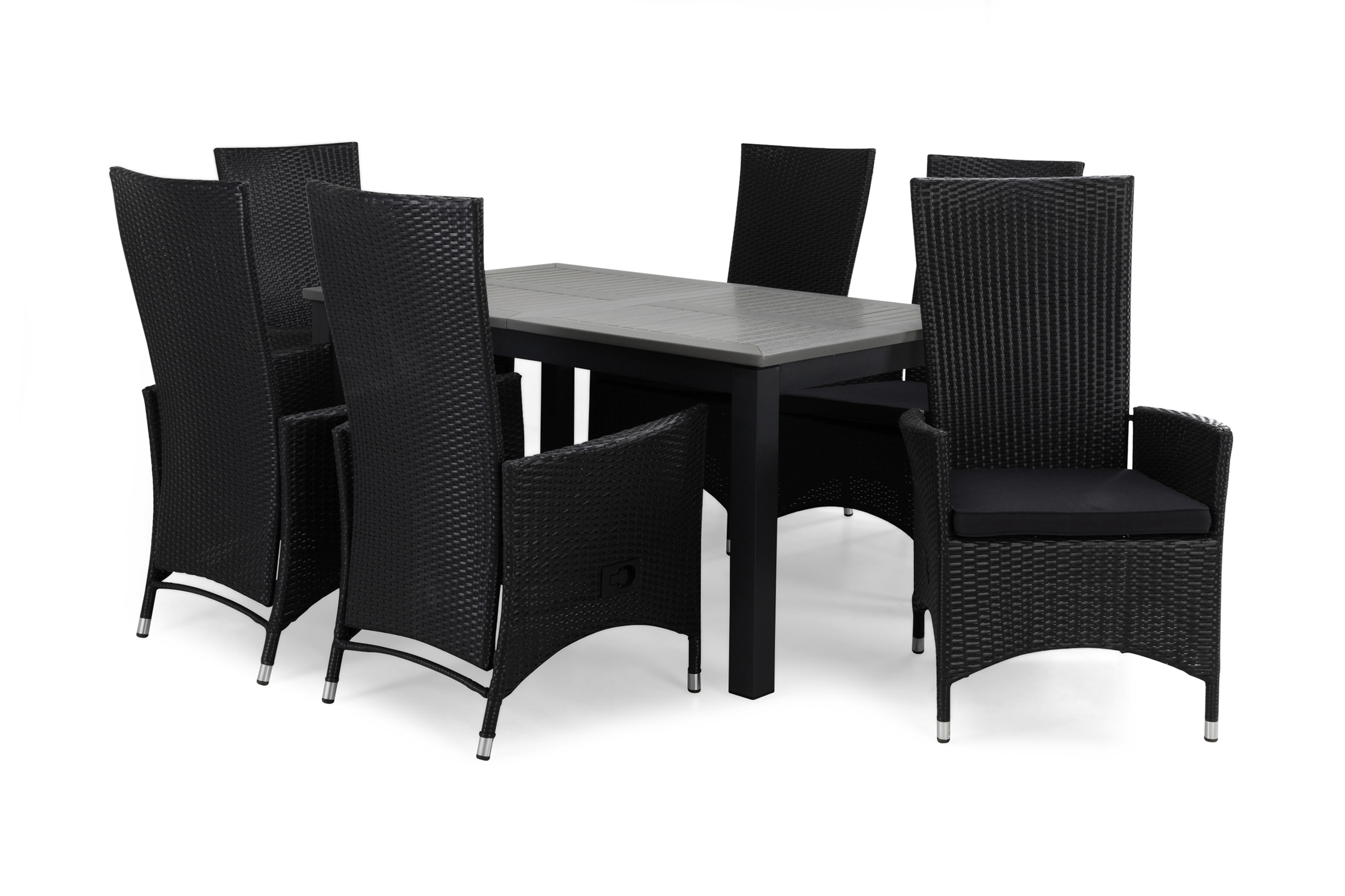 monaco bord 152 + 6 jennie fåtölj ställbar svart + dyna grå -