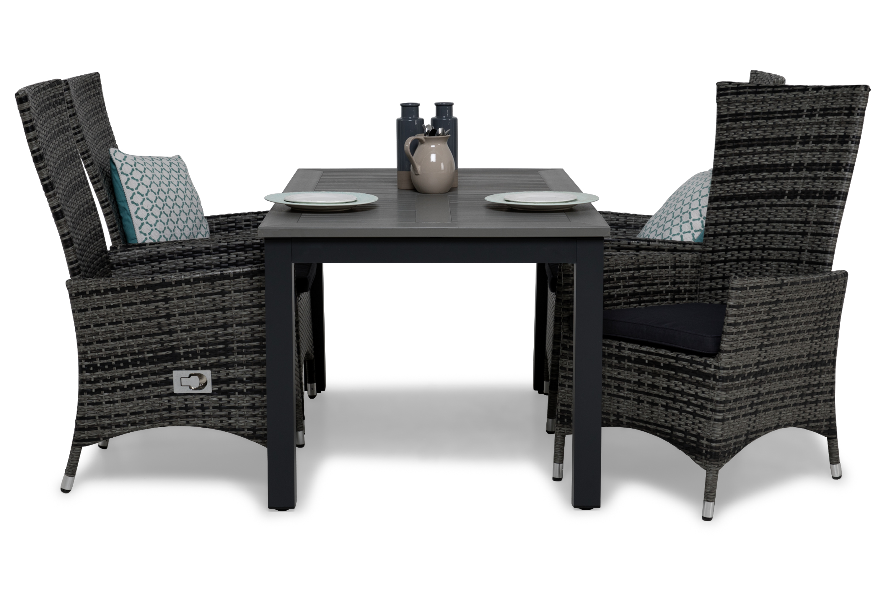 monaco bord 152 svart + 4 jennie fåtölj grå + dyna grå -