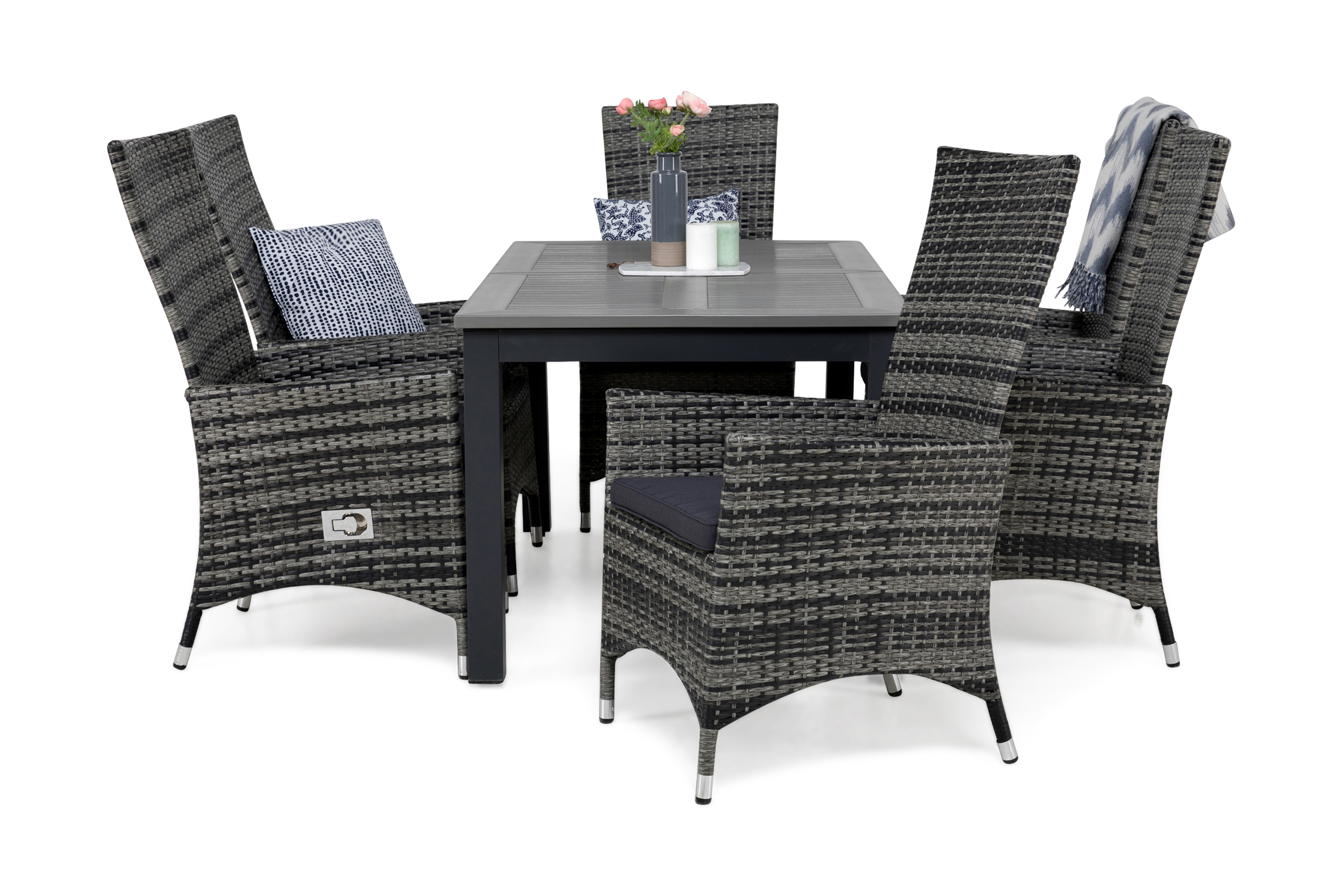 monaco bord 152 svart + 6 jennie fåtölj grå + dyna grå -