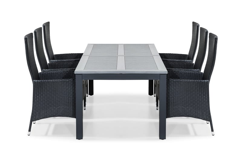MONACO Bord 220-280x100 + 6 JENNY Fåtölj Svart m Dyna Vit - Utemöbler - Utegrupp - Matgrupper utomhus