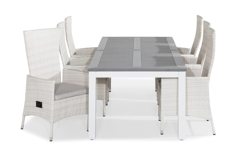 MONACO Bord 220-280x100 + 6 JENNY Fåtölj Vit m Dyna Vit - Utemöbler - Utegrupp - Matgrupper utomhus