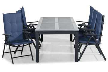 MONACO Bord 220-280x100 + 6 MAGGIE Stol Svart m Dyna Blå