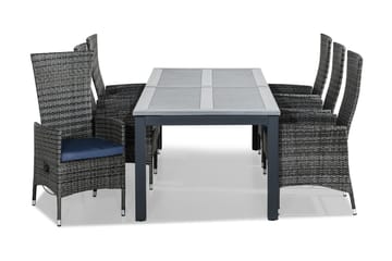 MONACO Bord 220-280x100 Svart + 6 JENNY Fåtölj Grå Dyna Blå