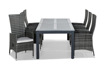 MONACO Bord 220-280x100 Svart + 6 JENNY Fåtölj Grå Dyna Vit