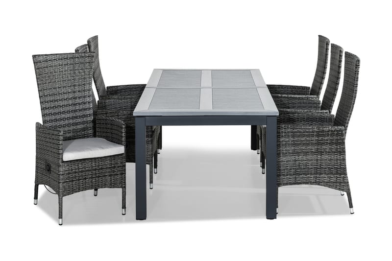 MONACO Bord 220-280x100 Svart + 6 JENNY Fåtölj Grå Dyna Vit - Utemöbler - Utegrupp - Matgrupper utomhus