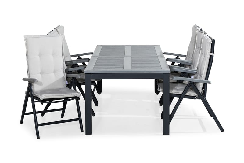 MONACO Bord 220-280x100 Svart + 6 MONACO Stol Grå m Dyna Vit - Utemöbler - Utegrupp - Matgrupper utomhus