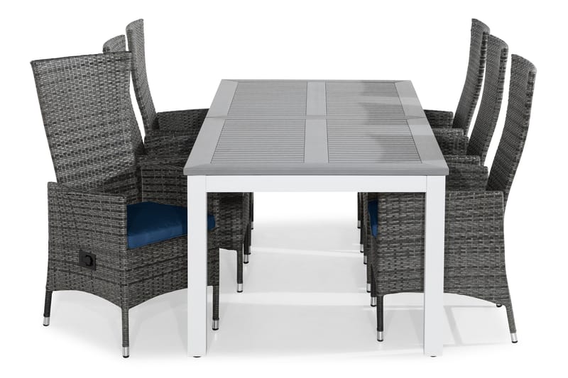 MONACO Bord 220-280x100 Vit + 6 JENNY Fåtölj Grå m Dyna Blå - Utemöbler - Utegrupp - Matgrupper utomhus