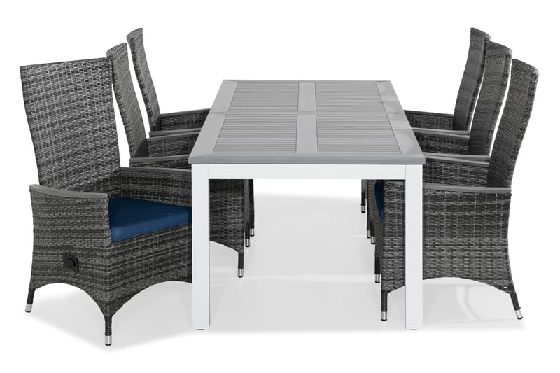 MONACO Bord 220-280x100 Vit + 6 JENNY Fåtölj Grå m Dyna Blå - Utemöbler - Utegrupp - Matgrupper utomhus