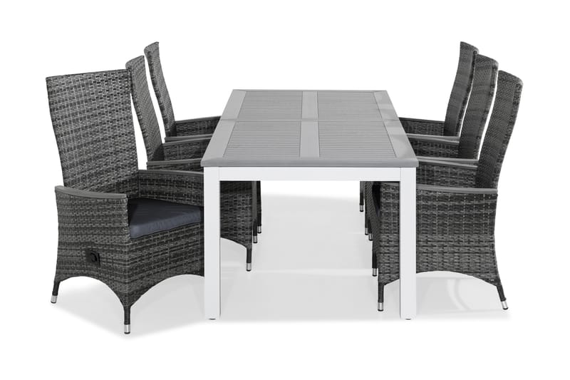 MONACO Bord 220-280x100 Vit + 6 JENNY Fåtölj Grå m Dyna Grå - Utemöbler - Utegrupp - Matgrupper utomhus