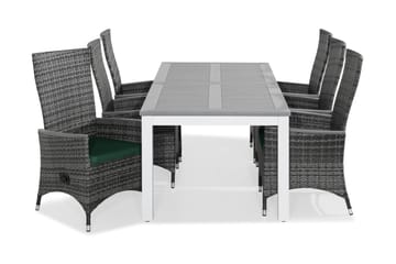 MONACO Bord 220-280x100 Vit + 6 JENNY Fåtölj Grå m Dyna Grön