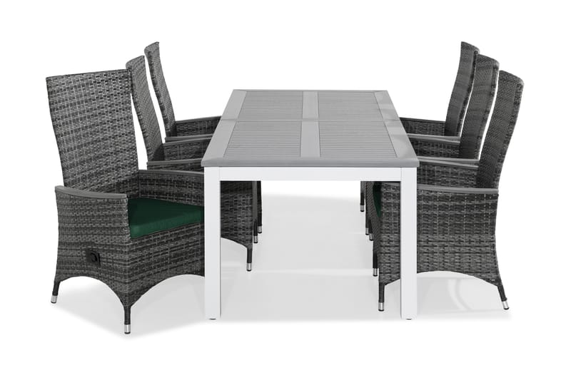 MONACO Bord 220-280x100 Vit + 6 JENNY Fåtölj Grå m Dyna Grön - Utemöbler - Utegrupp - Matgrupper utomhus