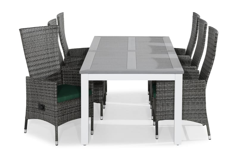 MONACO Bord 220-280x100 Vit + 6 JENNY Fåtölj Grå m Dyna Grön - Utemöbler - Utegrupp - Matgrupper utomhus