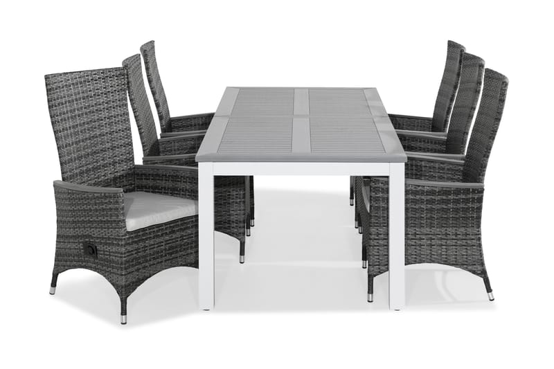 MONACO Bord 220-280x100 Vit + 6 JENNY Fåtölj Grå m Dyna Vit - Utemöbler - Utegrupp - Matgrupper utomhus