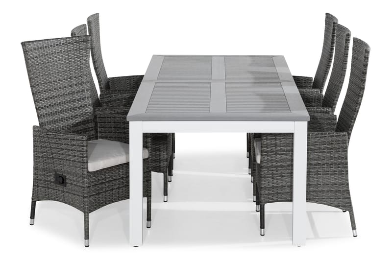 MONACO Bord 220-280x100 Vit + 6 JENNY Fåtölj Grå m Dyna Vit - Utemöbler - Utegrupp - Matgrupper utomhus