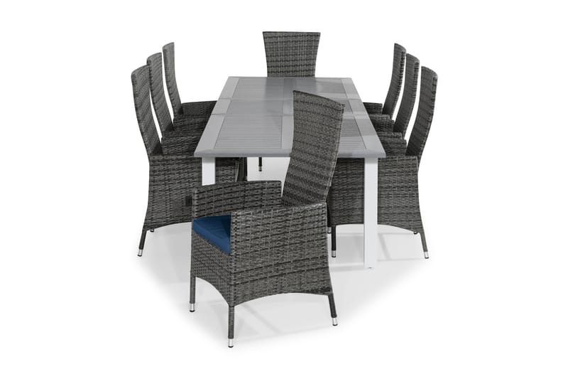 MONACO Bord 220-280x100 Vit + 8 JENNY Fåtölj Grå m Dyna Blå - Utemöbler - Utegrupp - Matgrupper utomhus