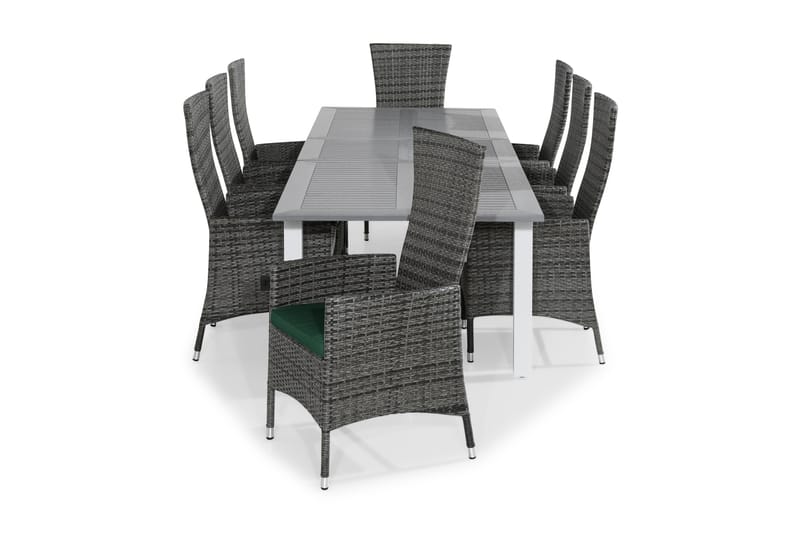 MONACO Bord 220-280x100 Vit + 8 JENNY Fåtölj Grå m Dyna Grön - Utemöbler - Utegrupp - Matgrupper utomhus