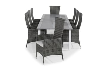 MONACO Bord 220-280x100 Vit + 8 JENNY Fåtölj Grå m Dyna Vit