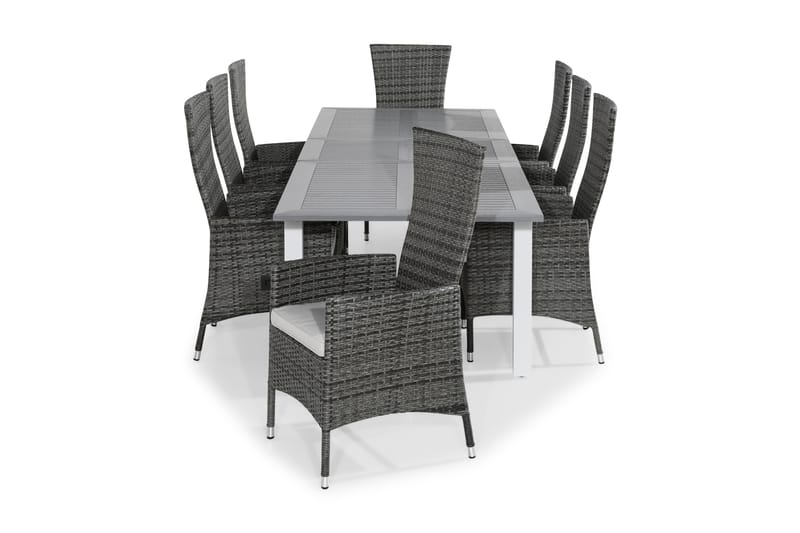 MONACO Bord 220-280x100 Vit + 8 JENNY Fåtölj Grå m Dyna Vit - Utemöbler - Utegrupp - Matgrupper utomhus