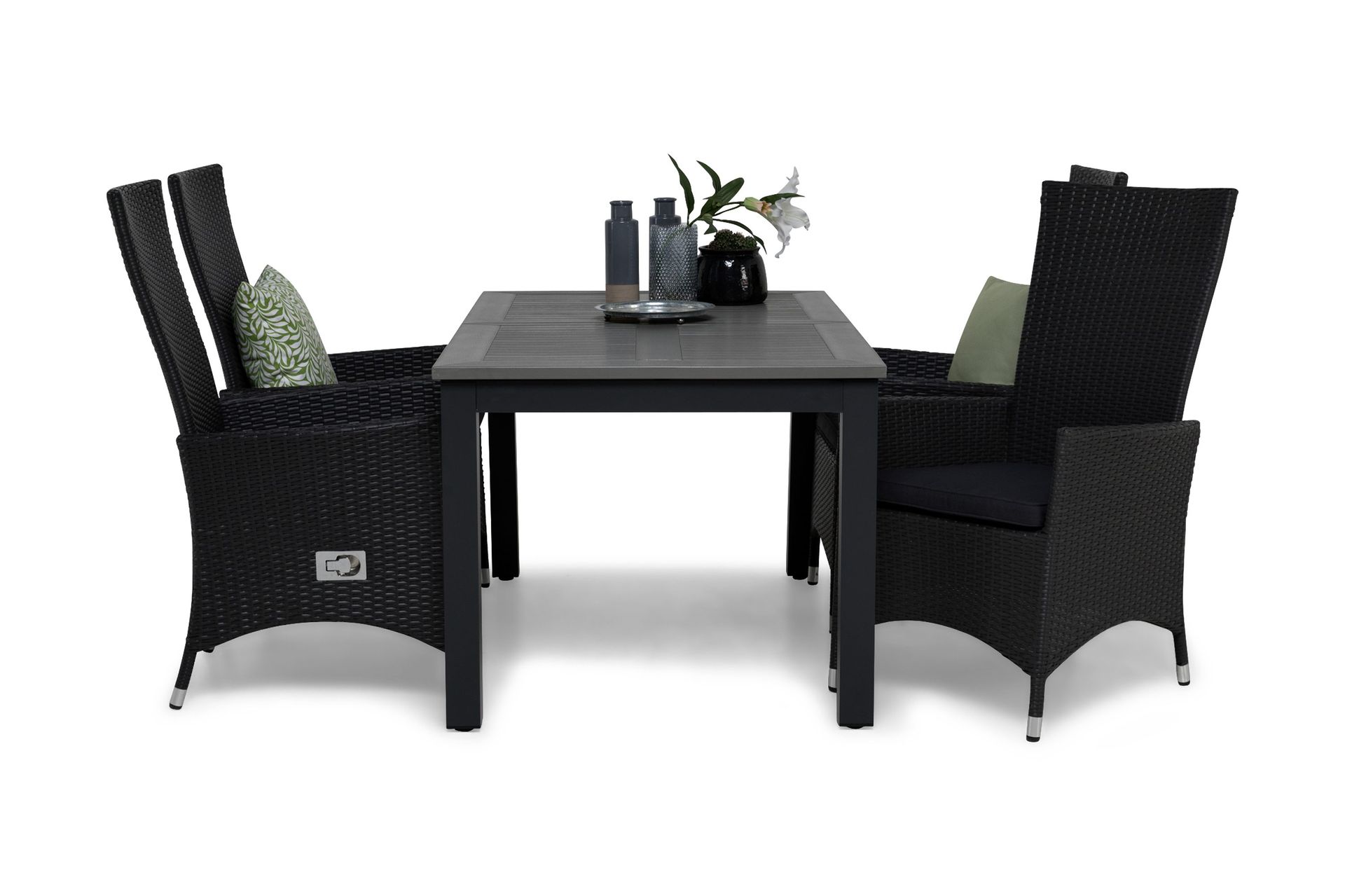 monaco matgrupp 152-210 + 4 jenny ställbar fåtölj m dyna - svart/grå