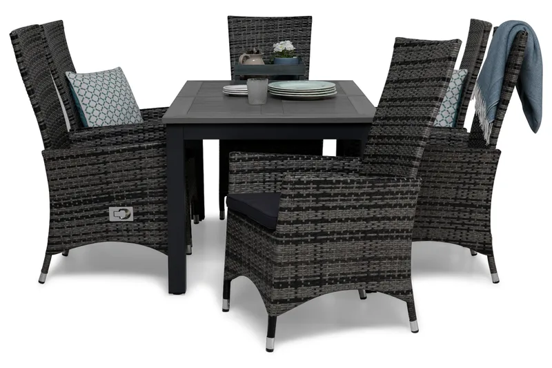 Monaco Matgrupp 152-210 + 6 Jenny Ställbar Fåtölj m Dyna - Svart/Grå - Utemöbler - Utegrupp - Matgrupper utomhus