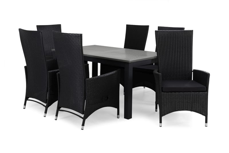 Monaco Matgrupp 152-210 + 6 Jenny Ställbar Fåtölj m Dyna - Svart/Grå - Utemöbler - Utegrupp - Matgrupper utomhus