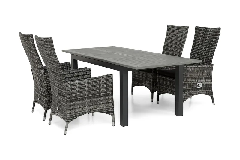 Monaco Matgrupp Utomhus 152-210 + 4 Jenny Ställbar Fåtölj - Svart/Grå - Utemöbler - Utegrupp - Matgrupper utomhus
