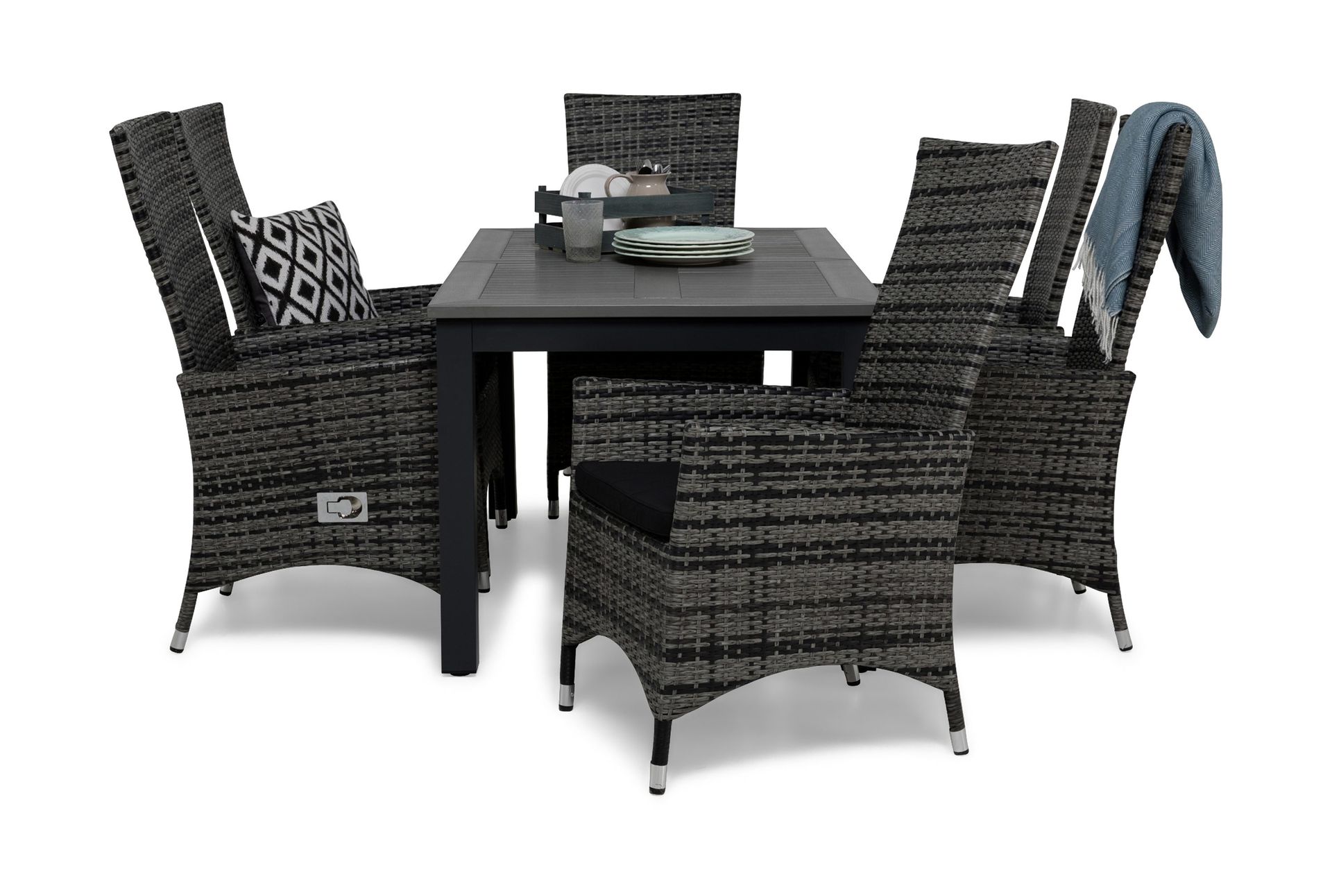 monaco matgrupp utomhus 152-210 + 6 jenny ställbar fåtölj m dyna - grå/svart