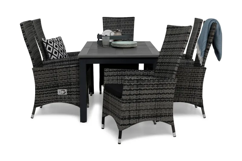 Monaco Matgrupp Utomhus 152-210 + 6 Jenny Ställbar Fåtölj m Dyna - Grå/Svart - Utemöbler - Utegrupp - Matgrupper utomhus