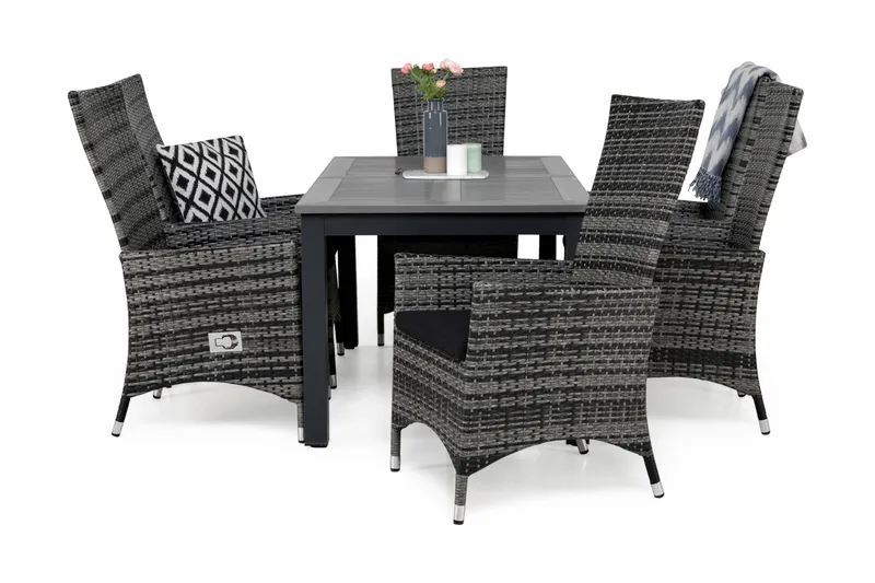 Monaco Matgrupp Utomhus 152-210 + 6 Jenny Ställbar Fåtölj m Dyna - Grå/Svart - Utemöbler - Utegrupp - Matgrupper utomhus