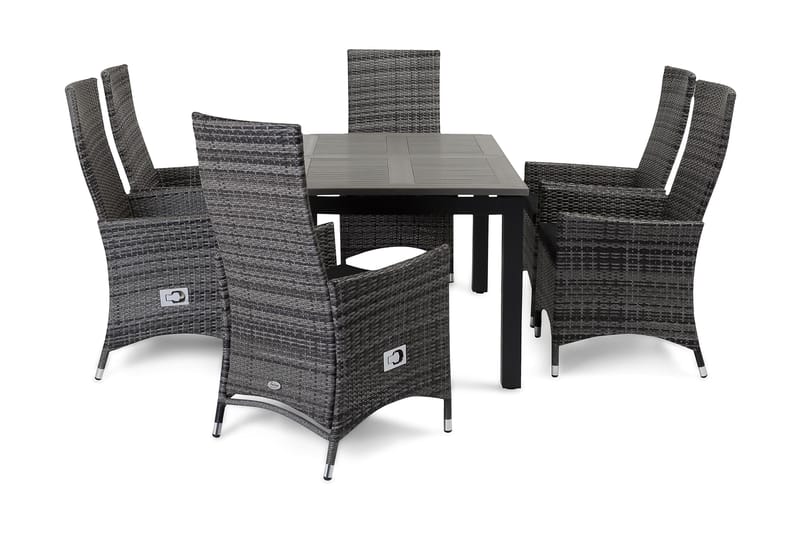 Monaco Matgrupp Utomhus 152-210 + 6 Jenny Ställbar Fåtölj, Svart/Grå