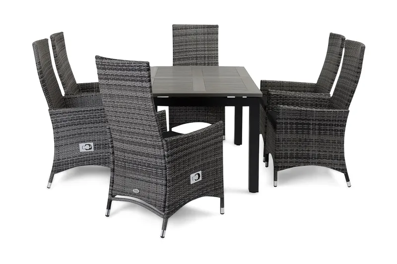 Monaco Matgrupp Utomhus 152-210 + 6 Jenny Ställbar Fåtölj, Svart/Grå