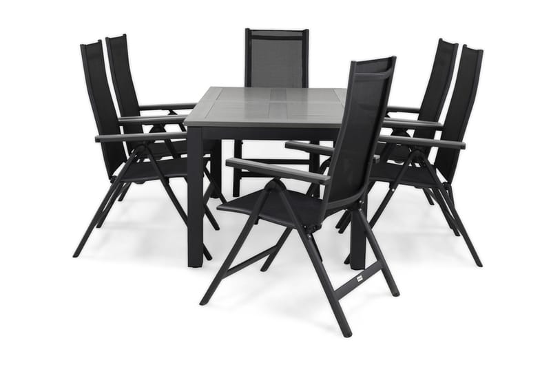Monaco Matgrupp Utomhus 152-210 + 6 Positionsstol, Svart/Grå